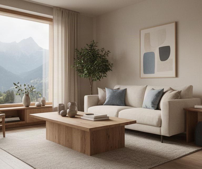 Soggiorno contemporaneo a Trento con divano color sabbia, legno naturale e luce alpina